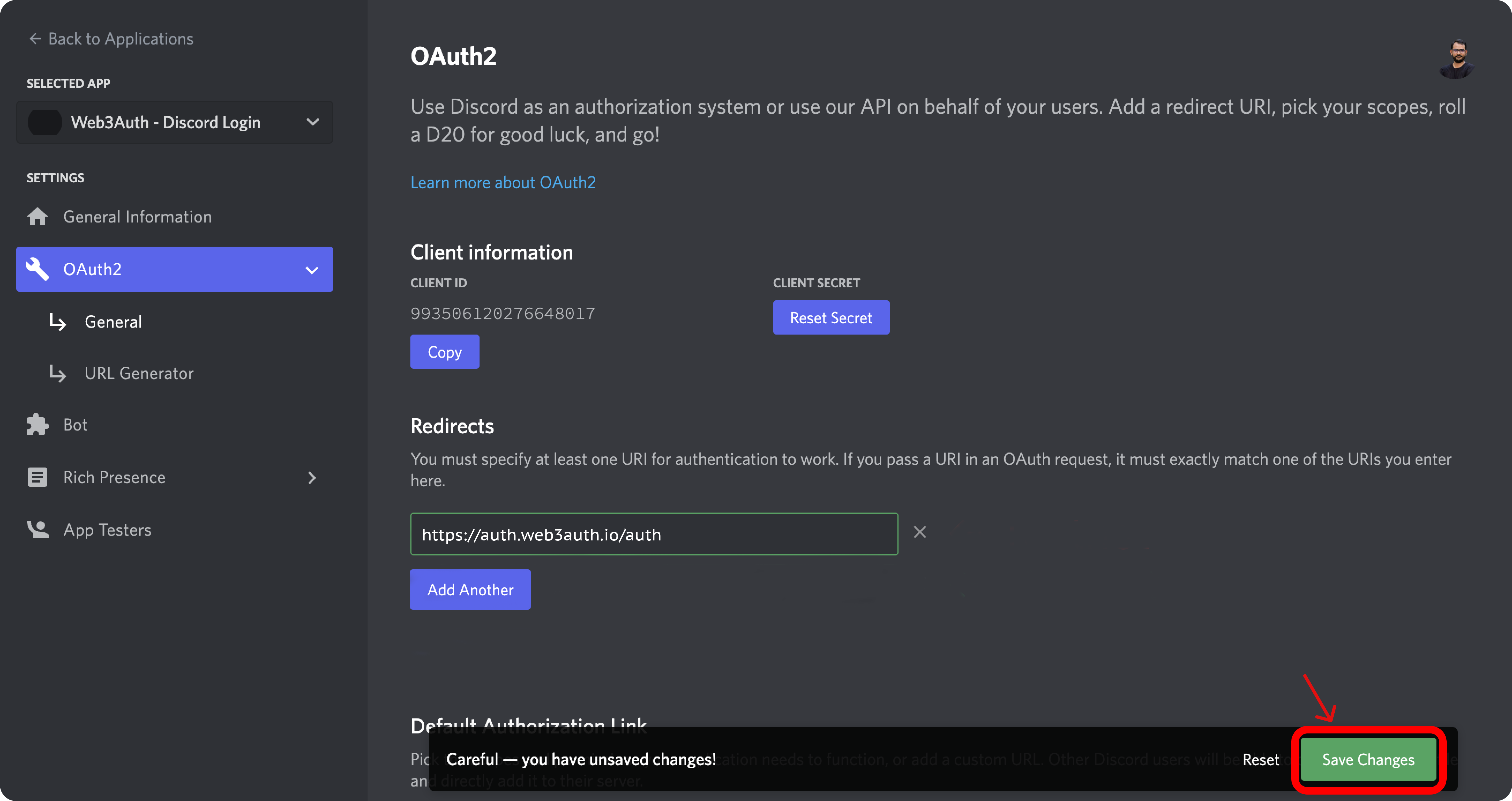 Discord OAuth2.0 App Dashboard